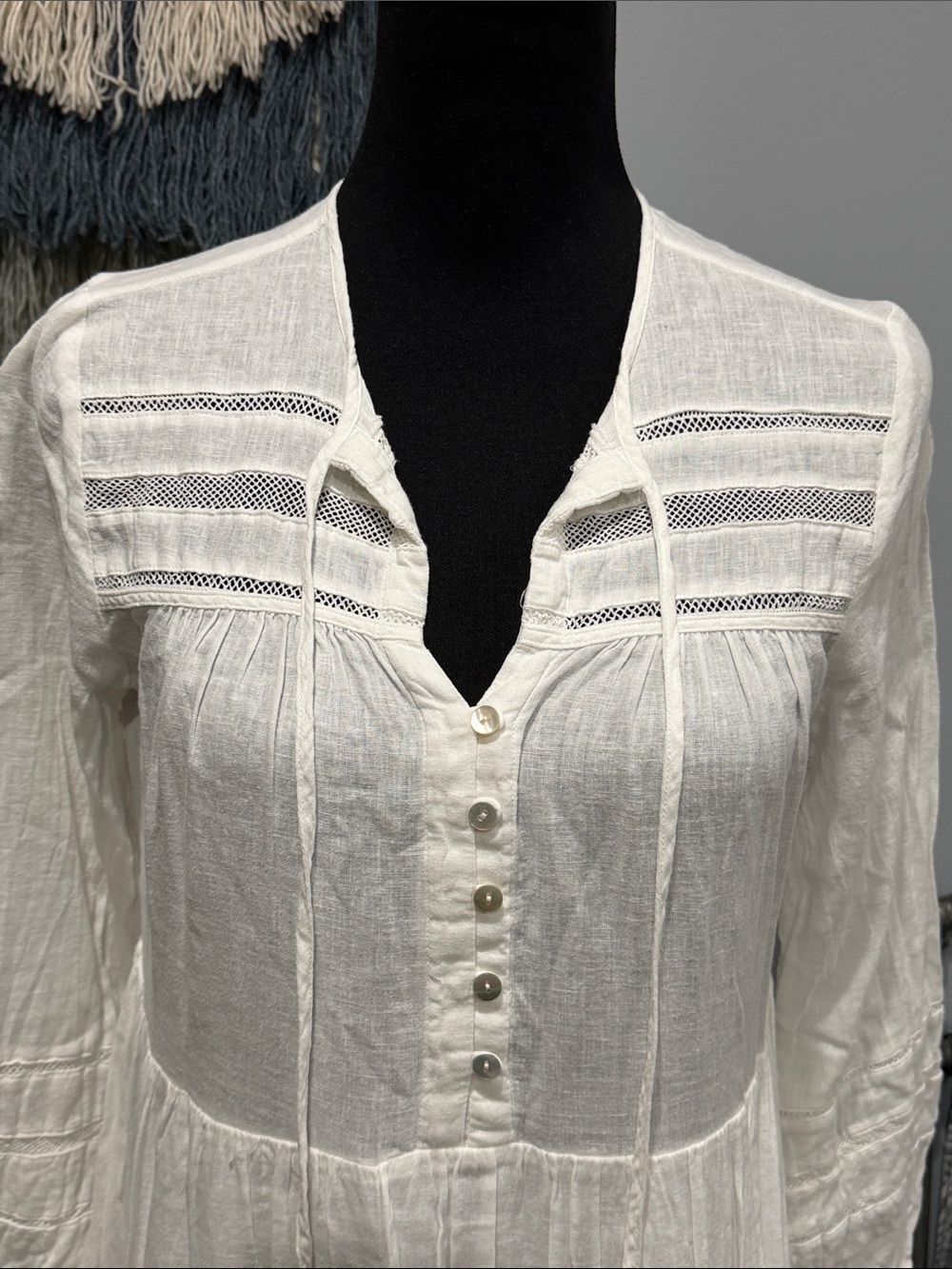 Rails White Linen Blend Boho Mini Dress XS | Lace Trim Peasant Beach Cover Up - Picture 7 of 8